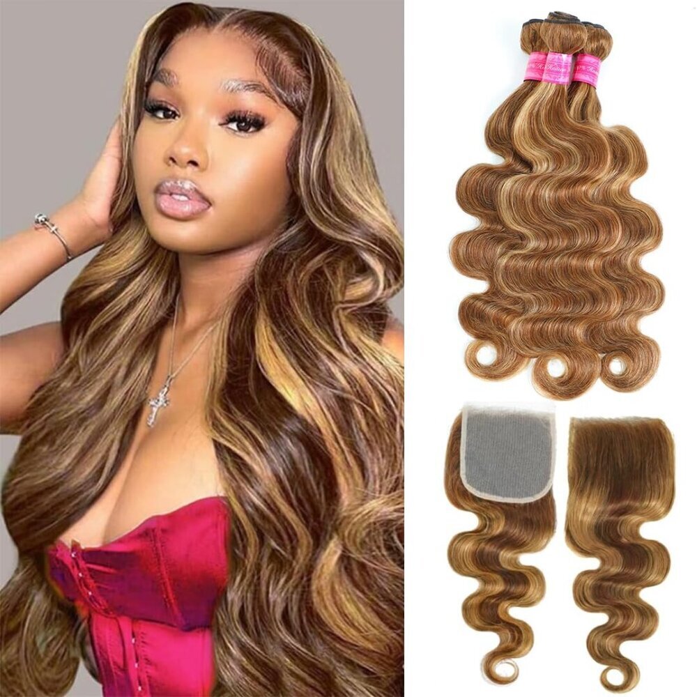 Human Hair Bundles With Closure Body Wave Highlight Ombre Brown 18-22 Inches